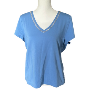 Liz Claiborne Blue V-Neck Short Sleeve Blouse with‎ Stud Trim Size Large